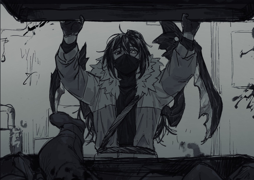 1boy, alley, dumpster, fur-trimmed_jacket, fur_trim, gloves, heterochromia, high_ponytail, highres, hong_lu_(project_moon), hook_office_(identity)_(project_moon), jacket, keisotu_kuruu, limbus_company, long_hair, looking_down, male_focus, mask, monochrome, mouth_mask, out_of_frame, project_moon, sweater, upper_body