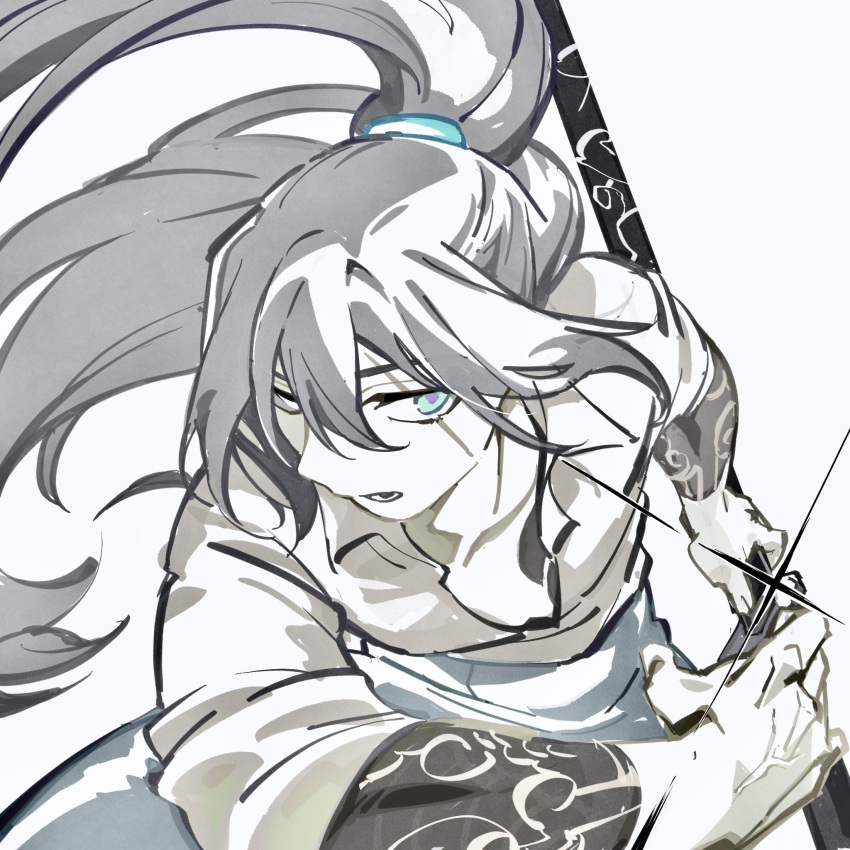 1boy, arm_tattoo, black_hair, blue_eyes, blue_pants, chest_tattoo, collared_shirt, glint, half_updo, high_ponytail, highres, holding, holding_sword, holding_weapon, hong_lu_(project_moon), keisotu_kuruu, limbus_company, long_hair, looking_at_viewer, male_focus, open_clothes, open_mouth, open_shirt, pants, project_moon, scar, scar_across_eye, sheath, shirt, sleeves_rolled_up, solo, sword, tattoo, unsheathing, upper_body, weapon, white_background, white_shirt