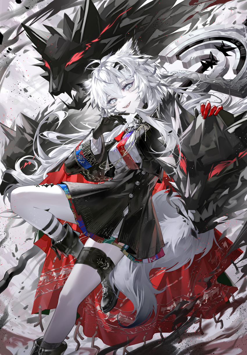 1girl, absurdres, animal_ears, arknights, black_footwear, black_gloves, black_jacket, black_skirt