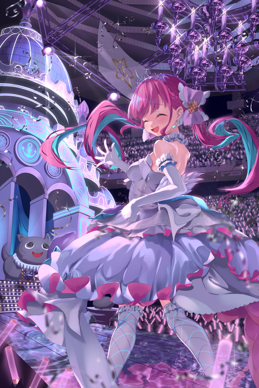 1girl, absurdres, ahoge, aqua_hair, bare_shoulders, braid, chandelier, choker, close_encounters_of_the_third_kind, colored_inner_hair, commentary_request, concert, crowd, dress, drill_hair, elbow_gloves, fanged_bangs, frilled_choker, frilled_thighhighs, frills, gloves, glowstick, highres, hololive, indoors, layered_dress, long_hair, looking_at_viewer, minato_aqua, minato_aqua_(aqua_iro_super_dream), multicolored_hair, neko_(minato_aqua), official_alternate_costume, penlight_(glowstick), pink_hair, recomend_aqua, sleeveless, sleeveless_dress, solo, strapless, strapless_dress, thigh-highs, tiara, twin_drills, twintails, two-tone_hair, virtual_youtuber, white_choker, white_dress, white_gloves