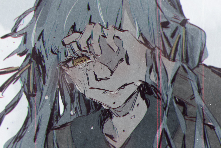 1girl, absurdres, bang_dream!, bang_dream!_it's_mygo!!!!!, blue_hair, chromatic_aberration, commentary, crying