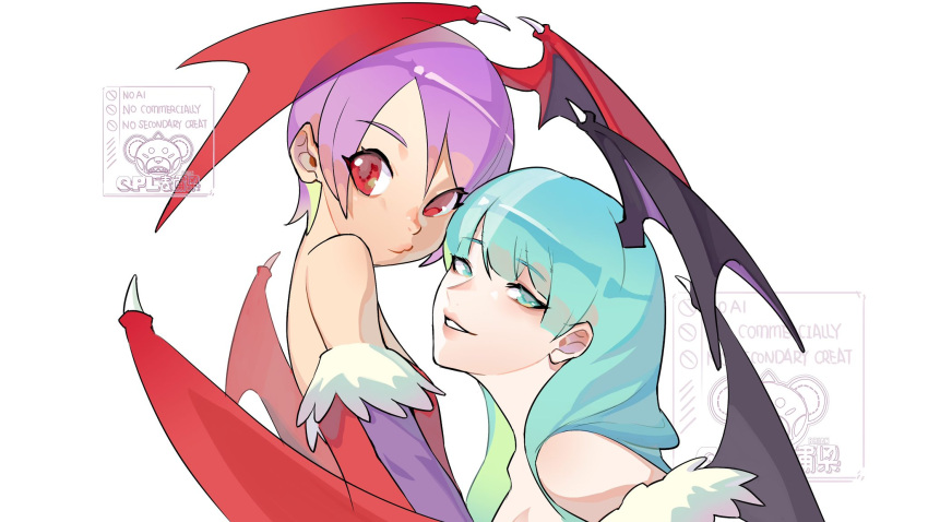 2girls, bridal_gauntlets, darkstalkers, green_eyes, green_hair, head_wings, highres, leotard, lilith_(darkstalkers), morrigan_aensland, multiple_girls, purple_hair, qingpu_liang, red_eyes, smile, strapless, strapless_leotard, white_background, wings