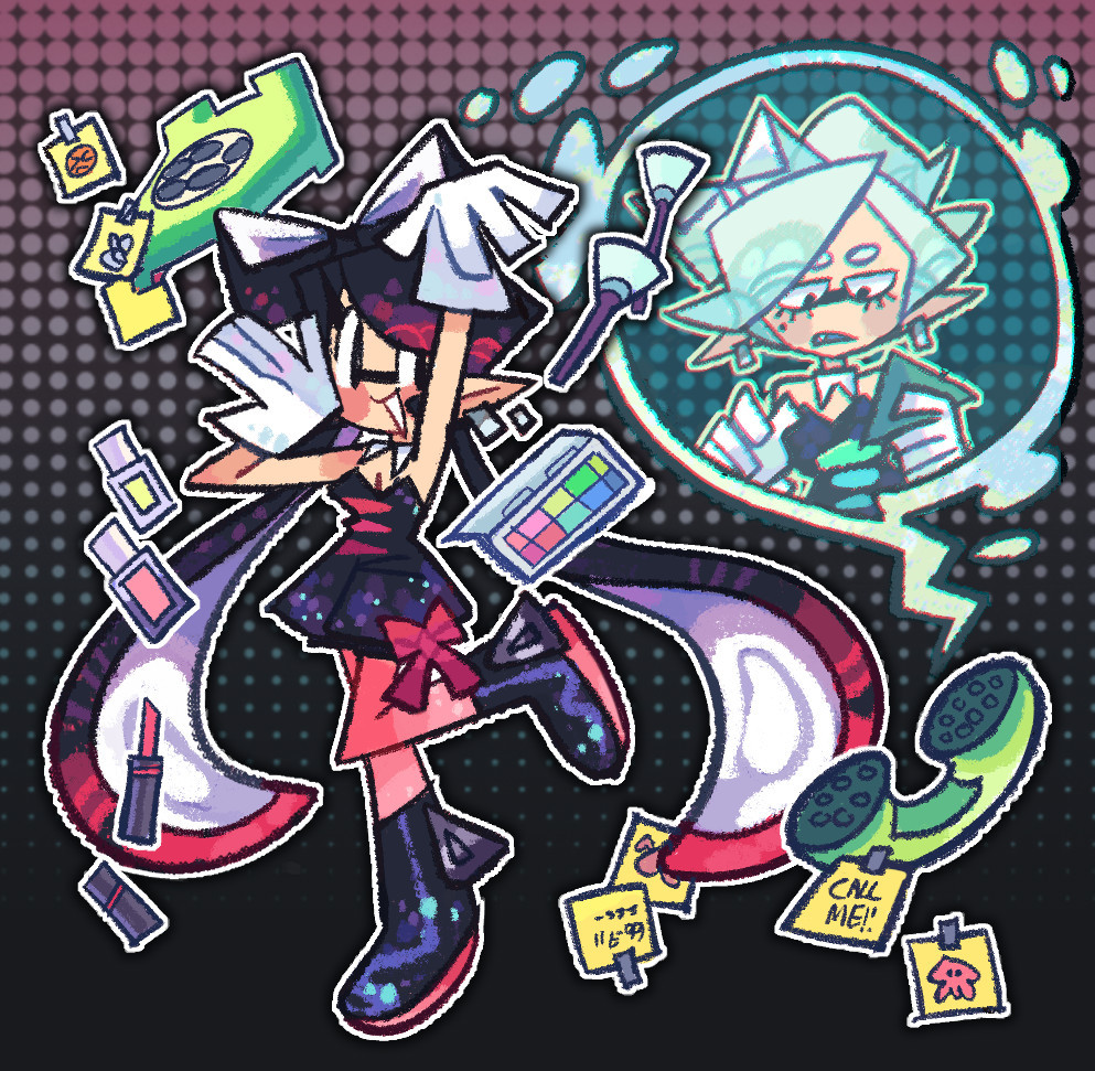 2girls, black_hair, callie_(splatoon), cousins, frown, gradient_background, hoaxghost, inkling