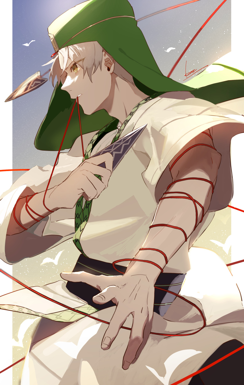1boy, absurdres, dagger, freckles, grey_hair, highres, holding, holding_dagger