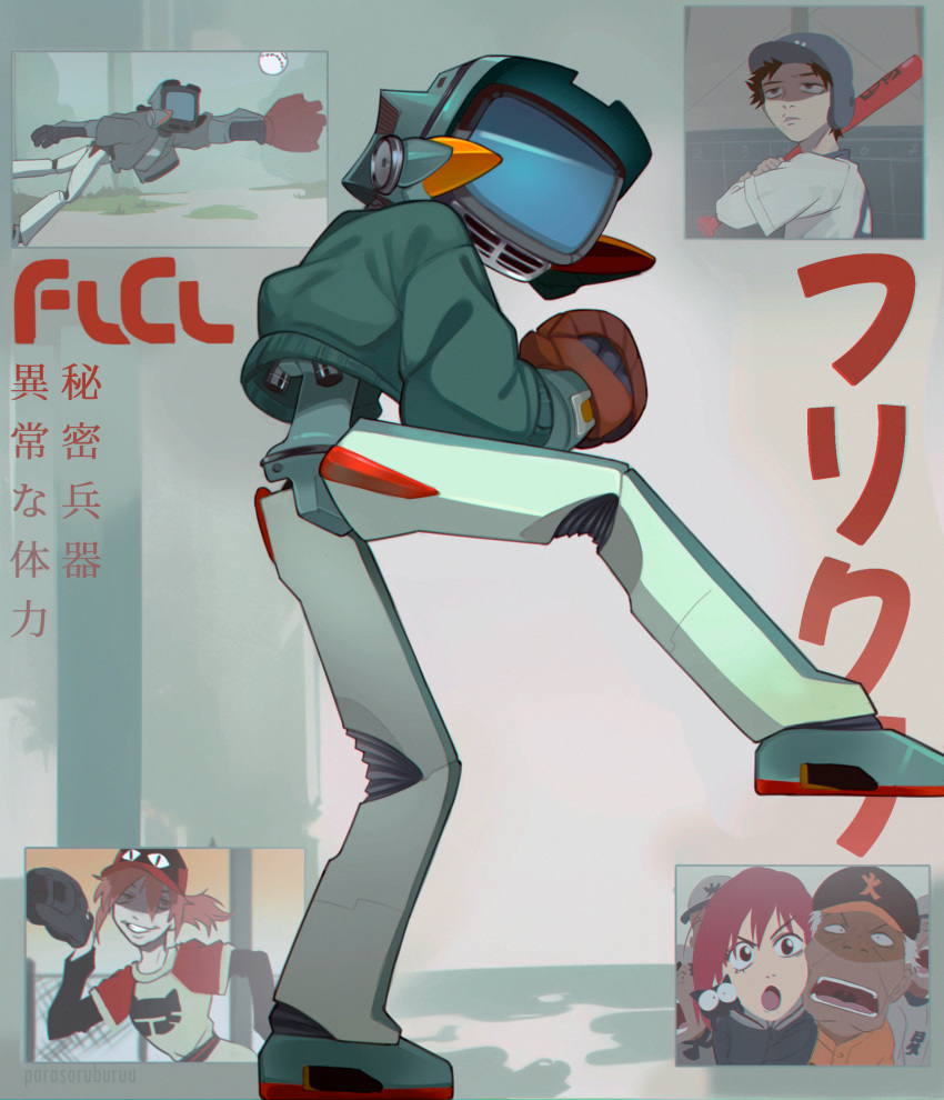 2girls, 6+boys, american_flag, baseball, baseball_bat, baseball_cap, baseball_mitt, canti, cat, clothed_robot, copyright_name, flcl, haruhara_haruko, hat, highres, holding, holding_baseball_bat, multiple_boys, multiple_girls, nandaba_naota, nandaba_shigekuni, open_mouth, parasoru_buruu, pink_hair, pitching, robot, samejima_mamimi, takkun_(flcl)