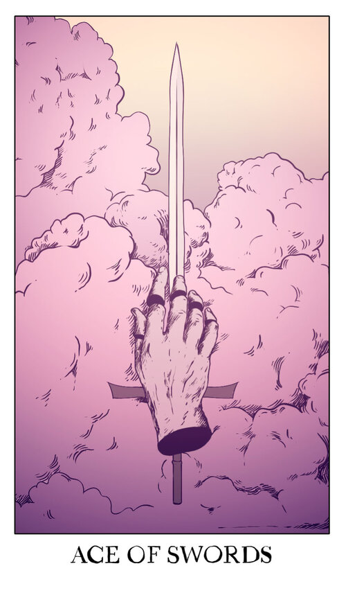 above_clouds, ace_of_swords_(tarot), border, card_(medium), clouds, cloudy_sky, disembodied_hand, english_text, gradient_background, horror_(theme), jessica_hayworth, original, outdoors, pink_clouds, pink_theme, severed_finger, severed_hand, sky, surreal, sword, tarot, tarot_(medium), weapon, white_border, yellow_sky
