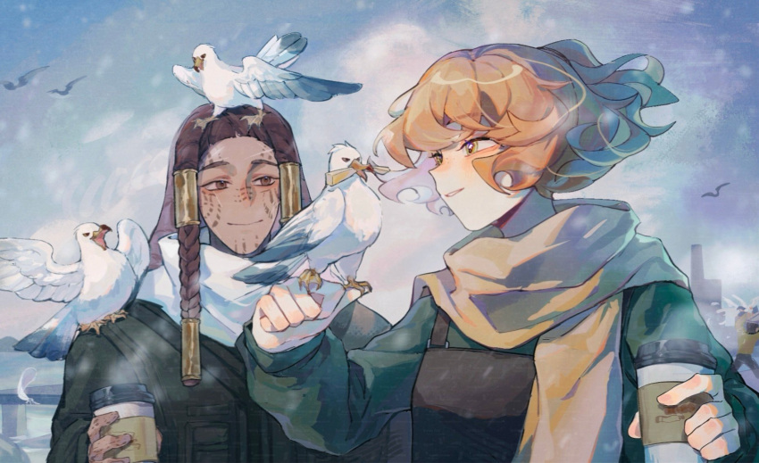 2girls, bird, black_jacket, blush, braid, brown_eyes, brown_hair, cup, facial_tattoo, food, freckles, french_fries, green_eyes, green_shirt, half_updo, hand_tattoo, highres, holding, holding_cup, ishmael_(project_moon), jacket, limbus_company, long_hair, multiple_girls, nichilemaxxxx, orange_hair, outdoors, overalls, project_moon, queequeg_(project_moon), scarf, seagull, shirt, short_hair, smile, tattoo, upper_body, winter, yellow_scarf