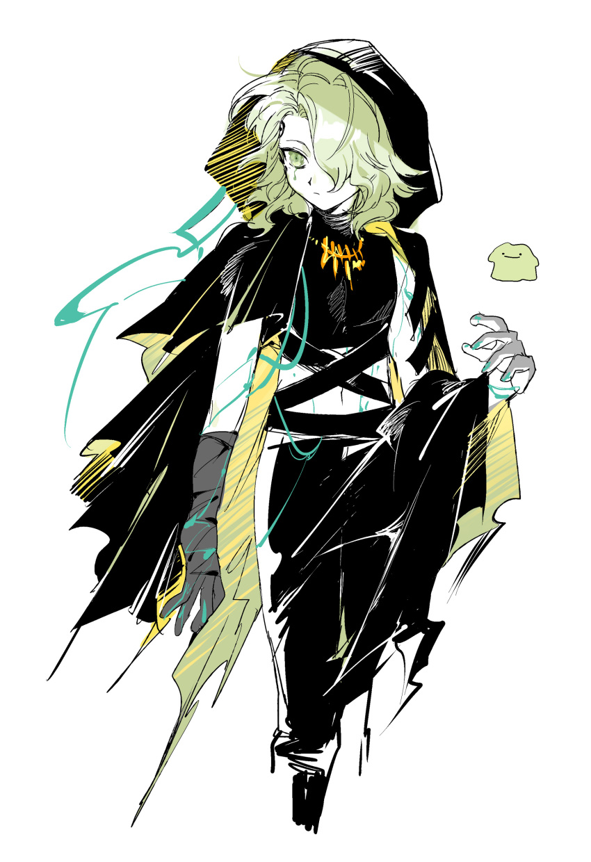 1boy, absurdres, arknights, back, black_pants, black_shirt, cape, chinese_commentary, commentary_request, crop_top, cropped_torso, ditto, frown, green_hair, hair_over_one_eye, highres, hood, hooded_cape, jewelry, ling_s, looking_to_the_side, male_focus, necklace, pants, pokemon, shirt, short_hair, simple_background, stomach, the_damazti_cluster_(arknights), white_background