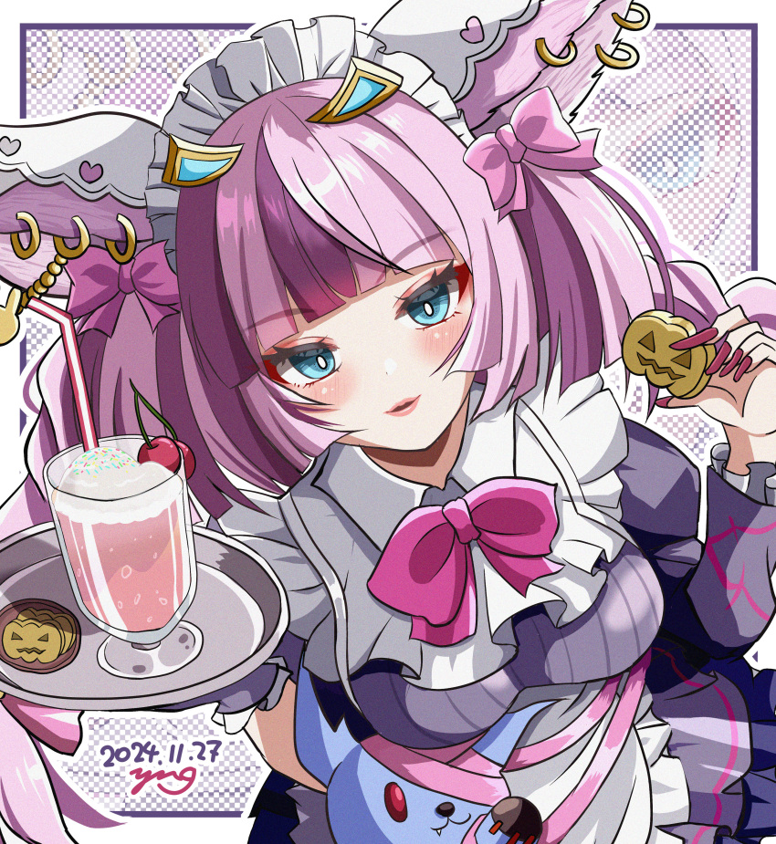 1girl, absurdres, animal_ears, apron, black_dress, blue_eyes, bow, braid