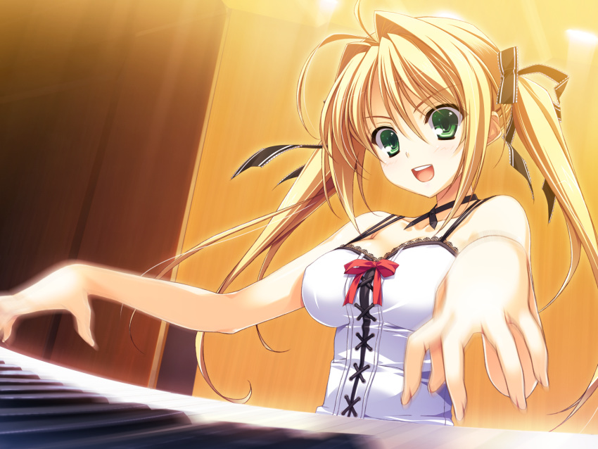 blonde_hair, game_cg, green_eyes, kamiyama_reika, kourin_no_machi_lavender_no_shoujo, piano, twintails, yuuki_hagure