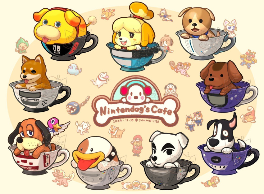 1girl, 2024, 3ds, 6+others, animal, animal_crossing, barkle, bernard_(kirby), blush_stickers, boney, booker_(animal_crossing), box_boxer, chain_chomp, character_request, chibi-robo!, collar, copper_(animal_crossing), copyright_request, cup, digby_(animal_crossing), dog, dog_(duck_hunt), dog_boy, dog_girl, dog_ninja, dribble_(warioware), duck_(duck_hunt), duck_hunt, freshly-picked_tingle's_rosy_rupeeland, game_boy, game_console, gamecube, handheld_game_console, isabelle_(animal_crossing), k.k._slider_(animal_crossing), kid_icarus, kirby_(series), looking_back, luigi's_mansion, mother_(series), mug, multiple_dogs, multiple_others, nintendo, nintendo_3ds, nintendo_64, nintendo_ds, nintendo_switch, nintendogs, oatchi_(pikmin), pikmin_(series), pikmin_4, poochy_(yoshi's_island), rhythm_tengoku, serena_(animal_crossing), snout, spiked_collar, spikes, star_fox, super_famicom, super_mario_bros., super_nintendo, suruga_kanade, tao_(chibi-robo!), the_legend_of_zelda, tongue, tongue_out, undodog, warioware, wii, wii_sports_resort