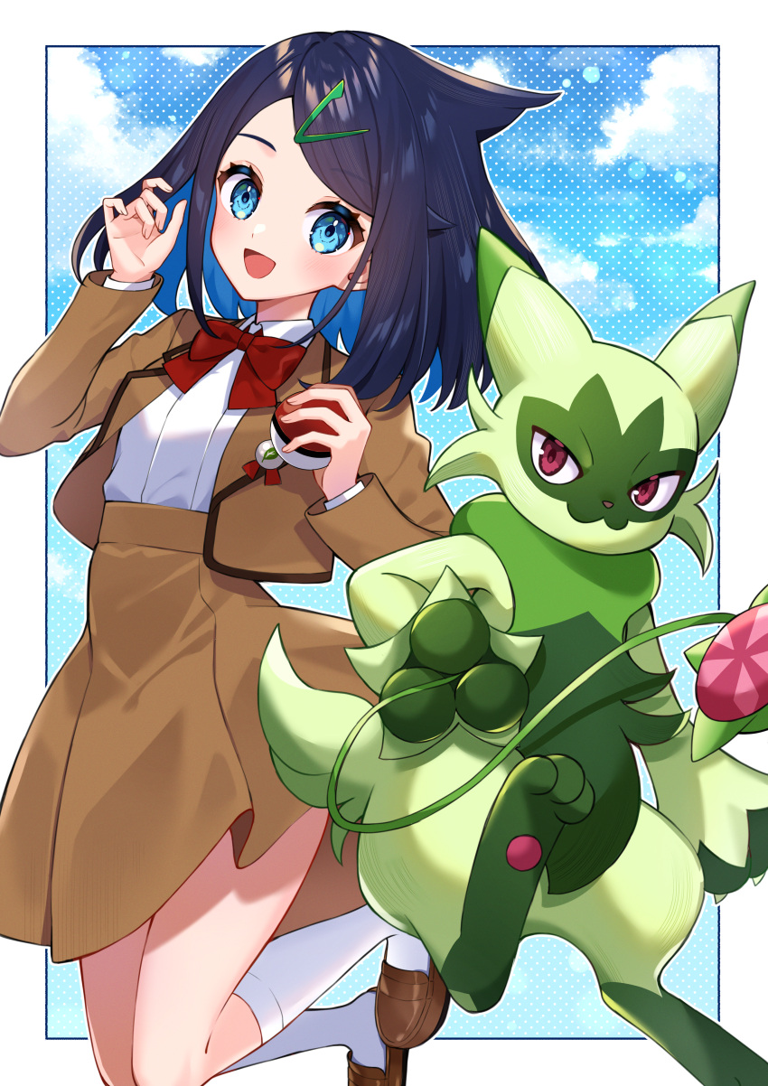 1girl, absurdres, badge, black_hair, blue_eyes, blue_hair, blush, bow
