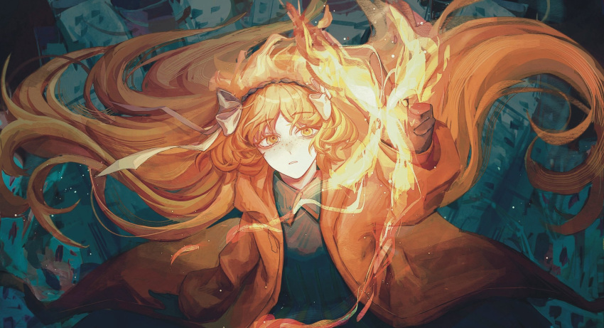 1girl, ardor_blossom_moth, ardor_blossom_star_(e.g.o), bow, collared_shirt, e.g.o_(project_moon), fiery_hair, freckles, gloves, green_shirt, hair_bow, hairband, highres, ishmael_(project_moon), jacket, limbus_company, looking_up, nichilemaxxxx, open_clothes, open_jacket, orange_eyes, orange_hair, orange_jacket, project_moon, reaching, shirt, solo, upper_body
