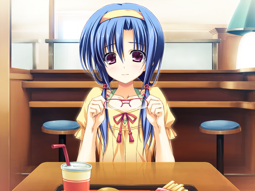 blue_hair, game_cg, glasses, kourin_no_machi_lavender_no_shoujo, purple_eyes, sawamura_akina, violet_eyes, yuuki_hagure
