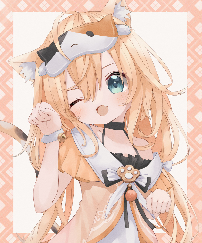 1girl, absurdres, ahoge, animal_ear_fluff, animal_ears, bell, black_choker, blonde_hair