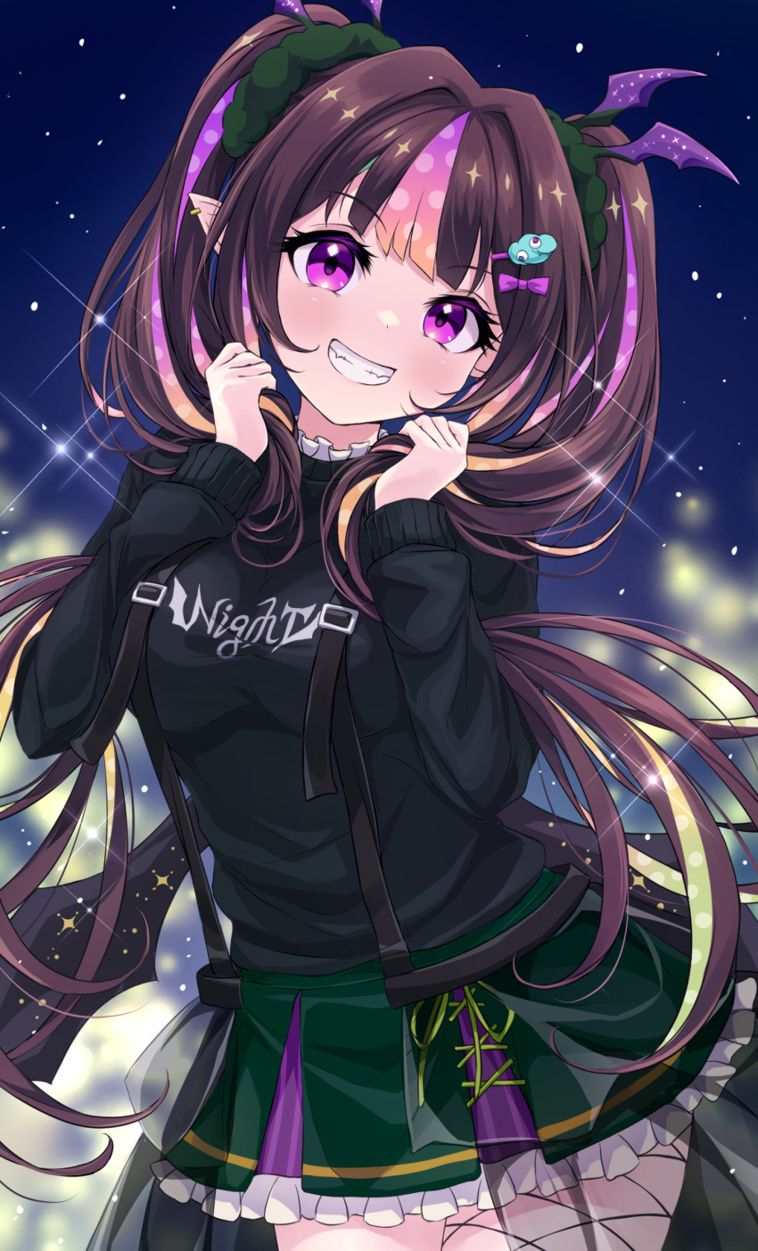 1girl, akirappy, black_sweater, brown_hair, commentary_request, frilled_skirt, frills, grabbing_own_hair