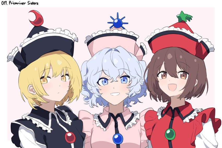 3girls, black_hat, blonde_hair, blue_eyes, blue_hair, brown_eyes, brown_hair, closed_mouth
