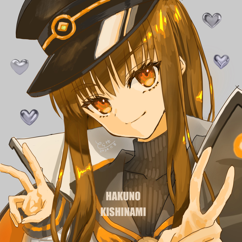 black_hat, black_sweater, brown_eyes, brown_hair, closed_mouth, commentary_request, dated, double_v, fate/extra, fate/grand_order, fate_(series), grey_background, hat, head_tilt, heart, highres, kishinami_hakuno_(female), kishinami_hakuno_(female)_(mooncancer), long_hair, long_sleeves, looking_at_viewer, military_hat, official_alternate_costume, ribbed_sweater, signature, simple_background, sleeves_past_wrists, smile, sweater, torasaki, turtleneck, turtleneck_sweater, v