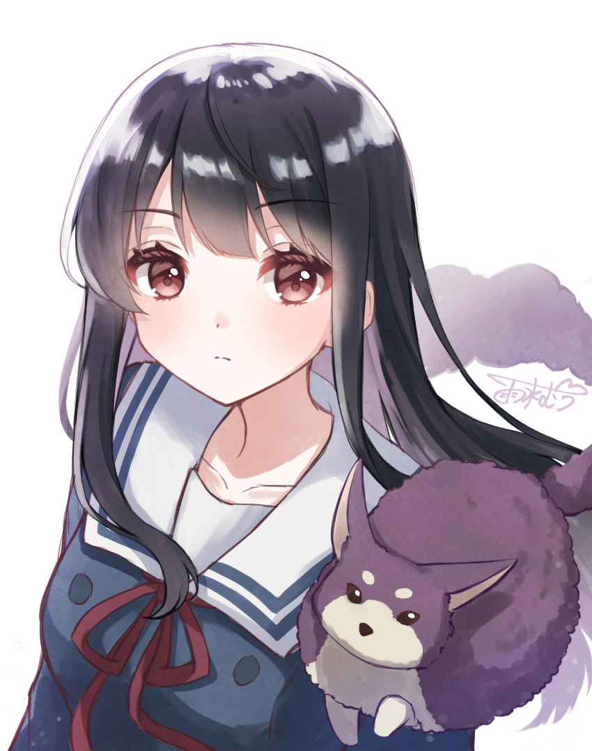 1girl, absurdres, animal_on_shoulder, arms_at_sides, black_hair, blue_shirt, blush, closed_mouth