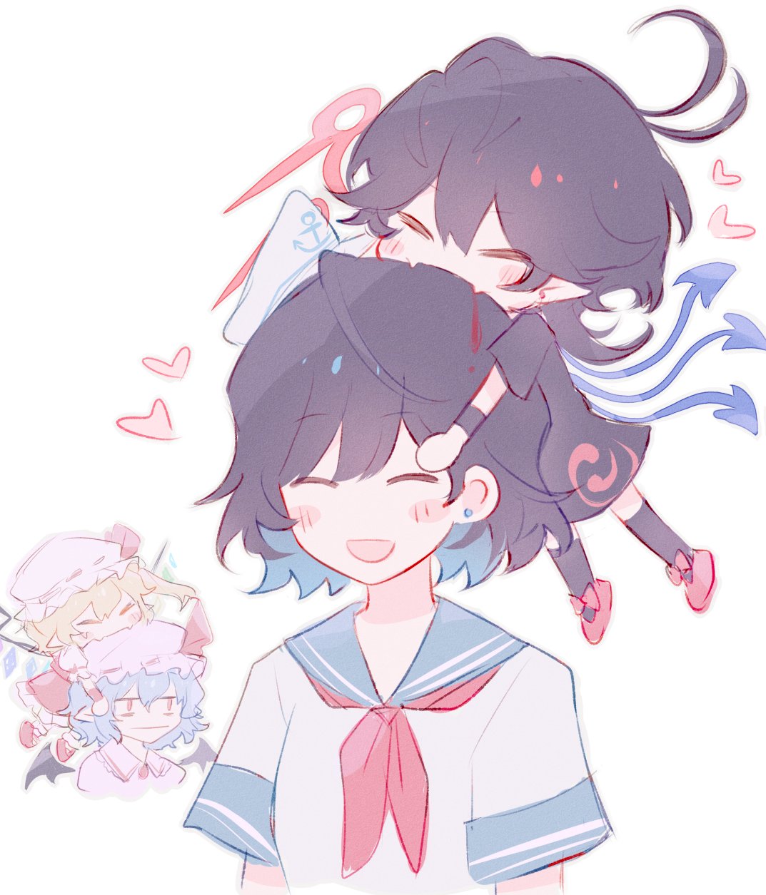 4girls, :d, :|, ahoge, anchor_symbol, asymmetrical_wings, biting_another's_head, black_dress