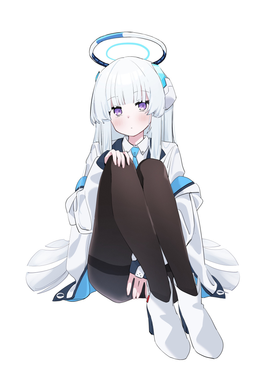 1girl, absurdres, black_pantyhose, blue_archive, blue_necktie, blunt_bangs, blush, boots, commentary_request, full_body, halo, high_heel_boots, high_heels, highres, jacket, knees_up, long_hair, long_sleeves, looking_at_viewer, mechanical_halo, necktie, noa_(blue_archive), pantyhose, sitting, solo, touhou90275, very_long_hair, violet_eyes, white_background, white_hair