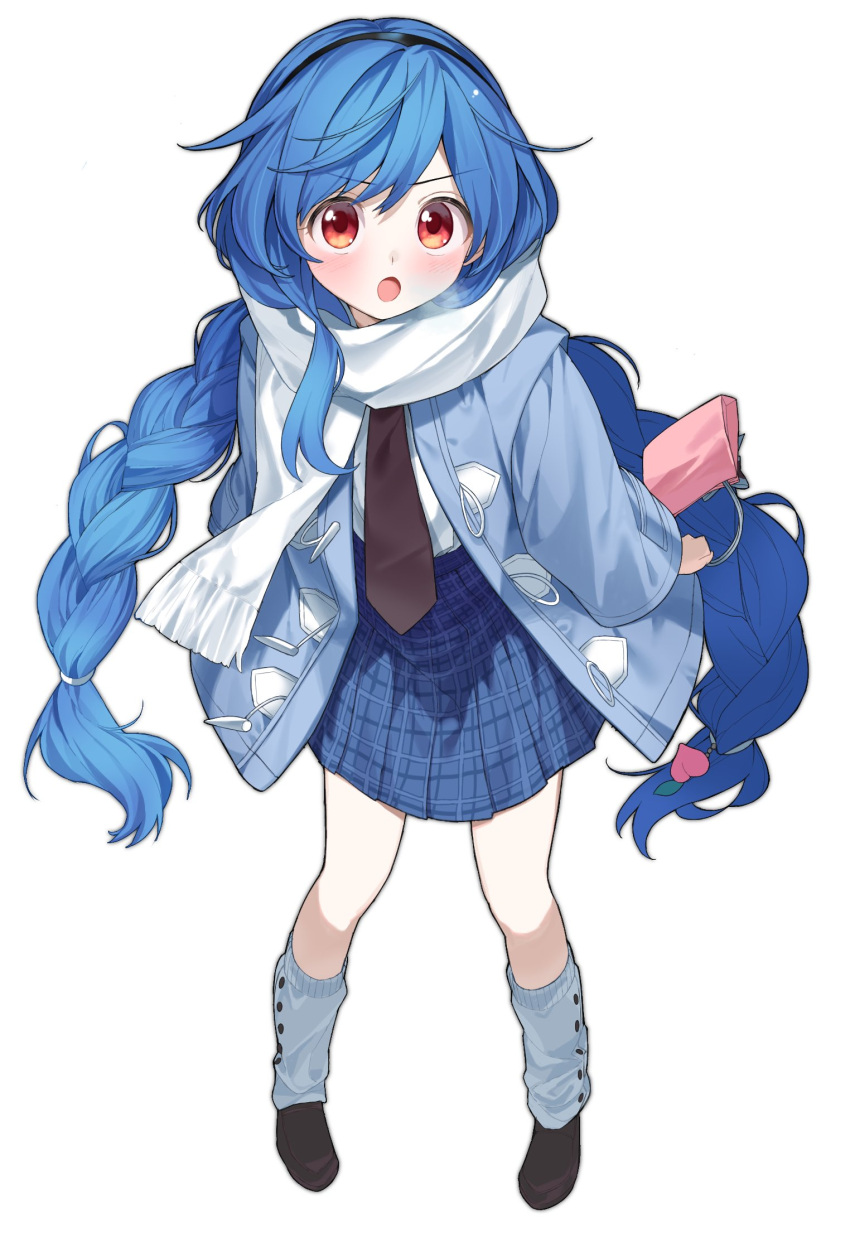 1girl, :o, bag, black_hairband, blue_hair, blue_jacket, blue_skirt, blush