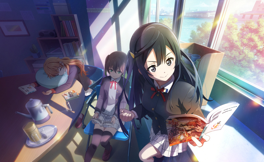 >:), 3girls, arms_on_table, black_hair, black_jacket, black_socks, blush, book
