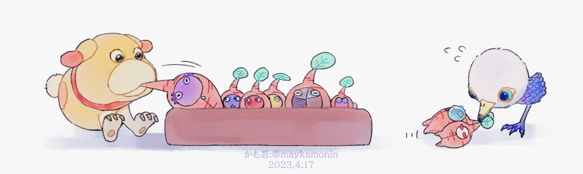 animal_collar, artist_name, bed, black_eyes, black_skin, blue_eyes, blue_pikmin, blue_skin, carrot, closed_eyes, collar, colored_skin, commentary_request, creature_focus, dated, dog, downy_snagret, flying_sweatdrops, half-closed_eye, highres, ice, ice_pikmin, insect_wings, leaf, looking_at_another, maykamonin, motion_lines, no_humans, oatchi_(pikmin), pikmin_(creature), pikmin_(series), pikpik_carrot, pink_skin, pointy_nose, pulling, purple_hair, purple_pikmin, purple_skin, red_collar, red_eyes, red_pikmin, red_skin, rock, rock_pikmin, shadow, short_hair, simple_background, sleeping_bag, solid_circle_eyes, triangle_mouth, very_short_hair, white_background, white_pikmin, white_skin, winged_pikmin, wings, yellow_pikmin, yellow_skin, zipper, zipper_pull_tab