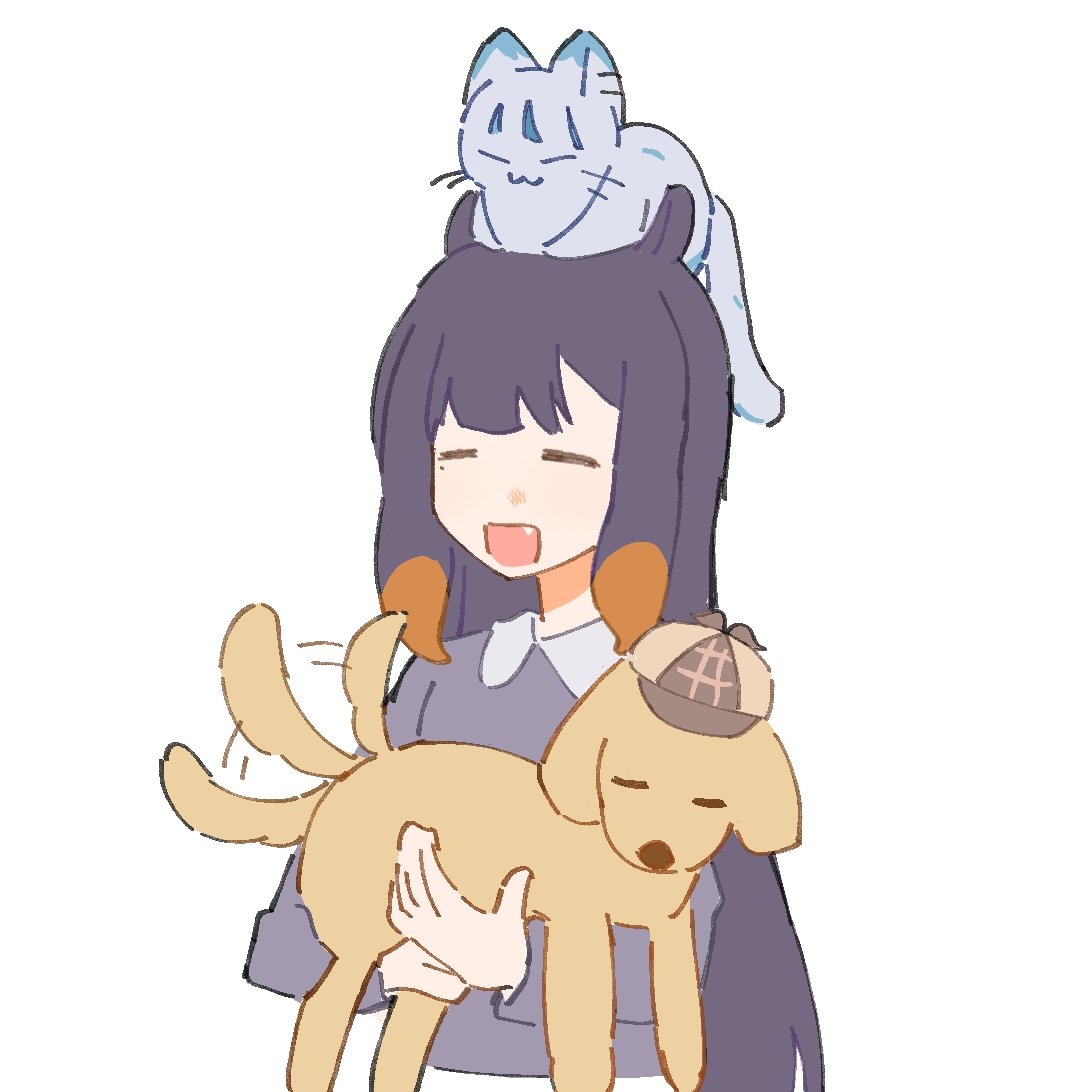 1girl, :3, :d, =_=, afterimage, animal, animal_on_head, animalization