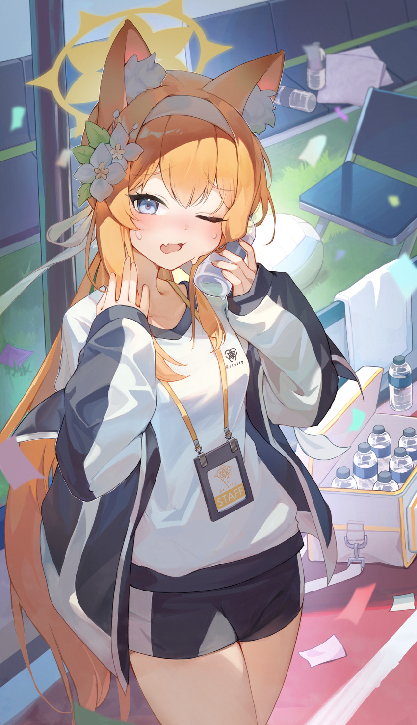 1girl, animal_ear_fluff, animal_ears, blue_archive, bottle, bottle_to_cheek, fang, flower