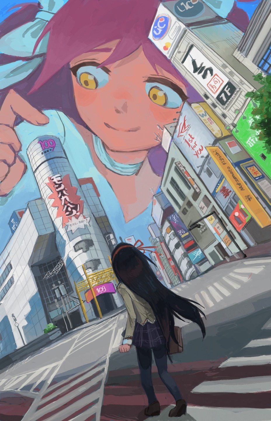2girls, akemi_homura, anidasayongjung, black_hair, black_pantyhose, brown_footwear, giant, giantess