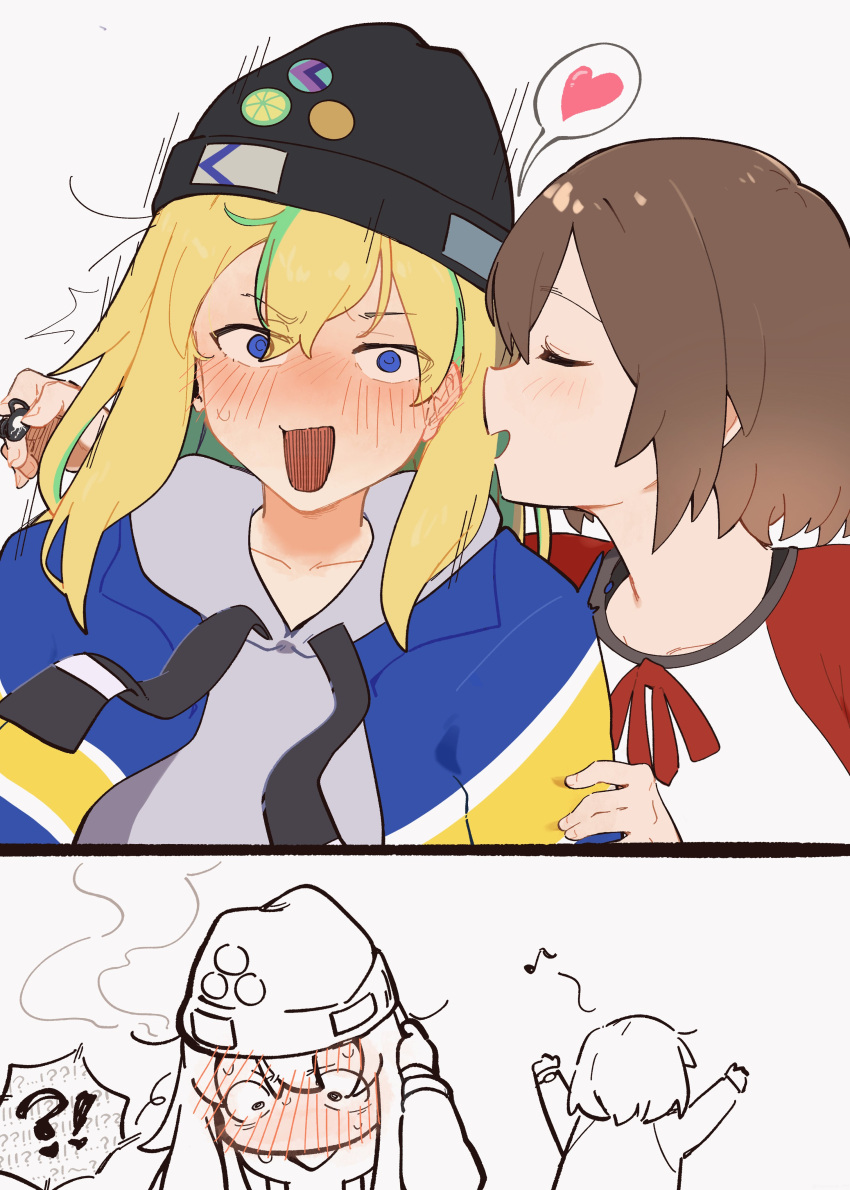 !?, 2girls, absurdres, beanie, black_hat, blonde_hair, blue_eyes, blue_jacket, blush, brown_hair, commentary_request, embarrassed, green_hair, grey_hoodie, hair_between_eyes, hat, heart, highres, hood, hood_down, hoodie, jacket, kouzuki_mahiru, long_hair, multiple_girls, open_clothes, open_jacket, open_mouth, short_hair, spoken_heart, spoken_interrobang, sweat, tenrouza_ray, whispering_in_ear, yamanouchi_kano, yoru_no_kurage_wa_oyogenai, yuri