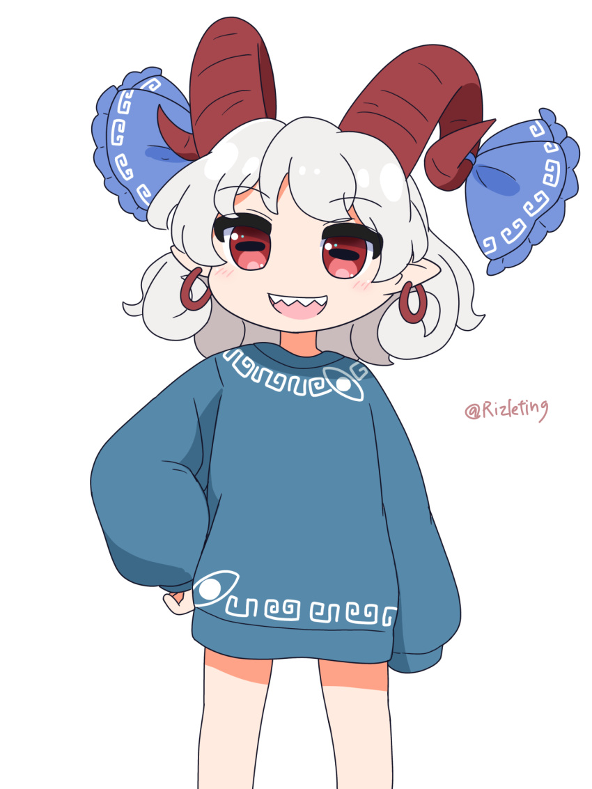 1girl, :d, bare_legs, blue_ribbon, blue_shirt, blush, commentary_request, cowboy_shot