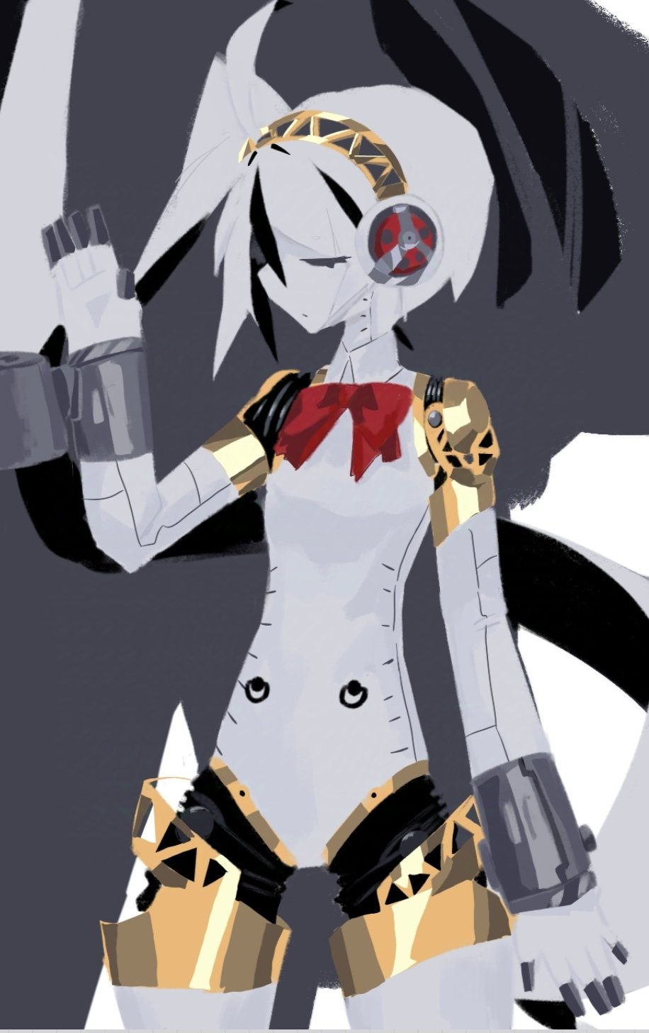 1boy, aegis_(persona), aegis_(persona)_(cosplay), bow, bowtie, closed_eyes, closed_mouth, cosplay