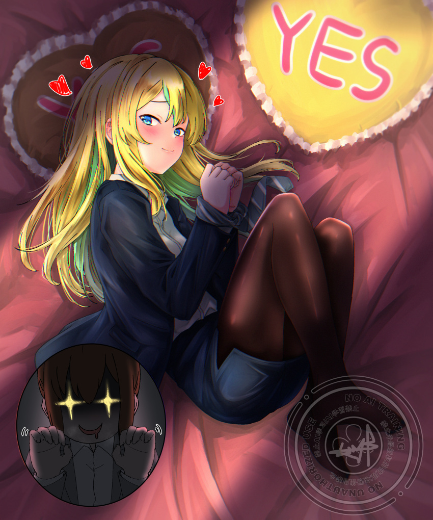 2girls, absurdres, black_pantyhose, blonde_hair, blue_eyes, blue_jacket, blue_skirt, brown_hair