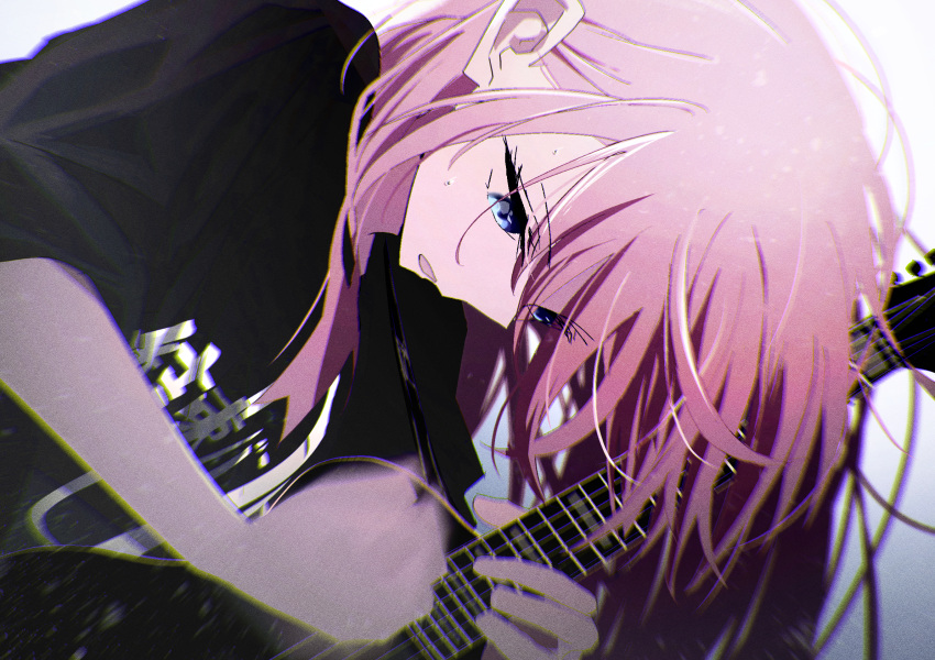 1girl, arched_back, black_shirt, blue_eyes, bocchi_the_rock!, commentary_request, dated_commentary, gotoh_hitori