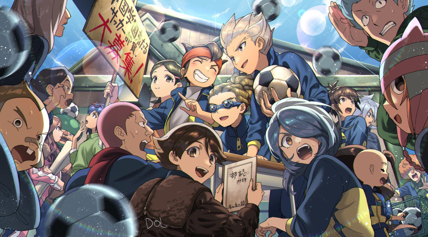 3girls, 6+boys, ball, bandaid, bandaid_on_face, bandaid_on_nose, blue_hair, brown_hair