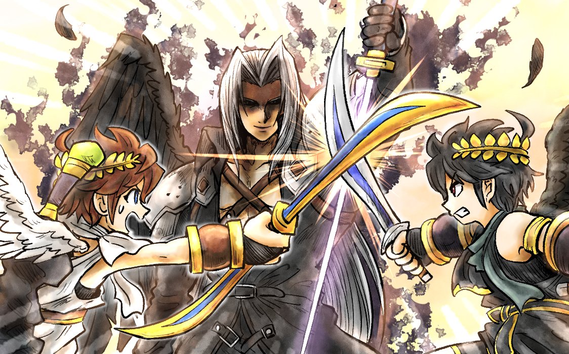 3boys, ahoge, angel, angel_wings, armor, black_hair, brown_hair, crisis_core_final_fantasy_vii