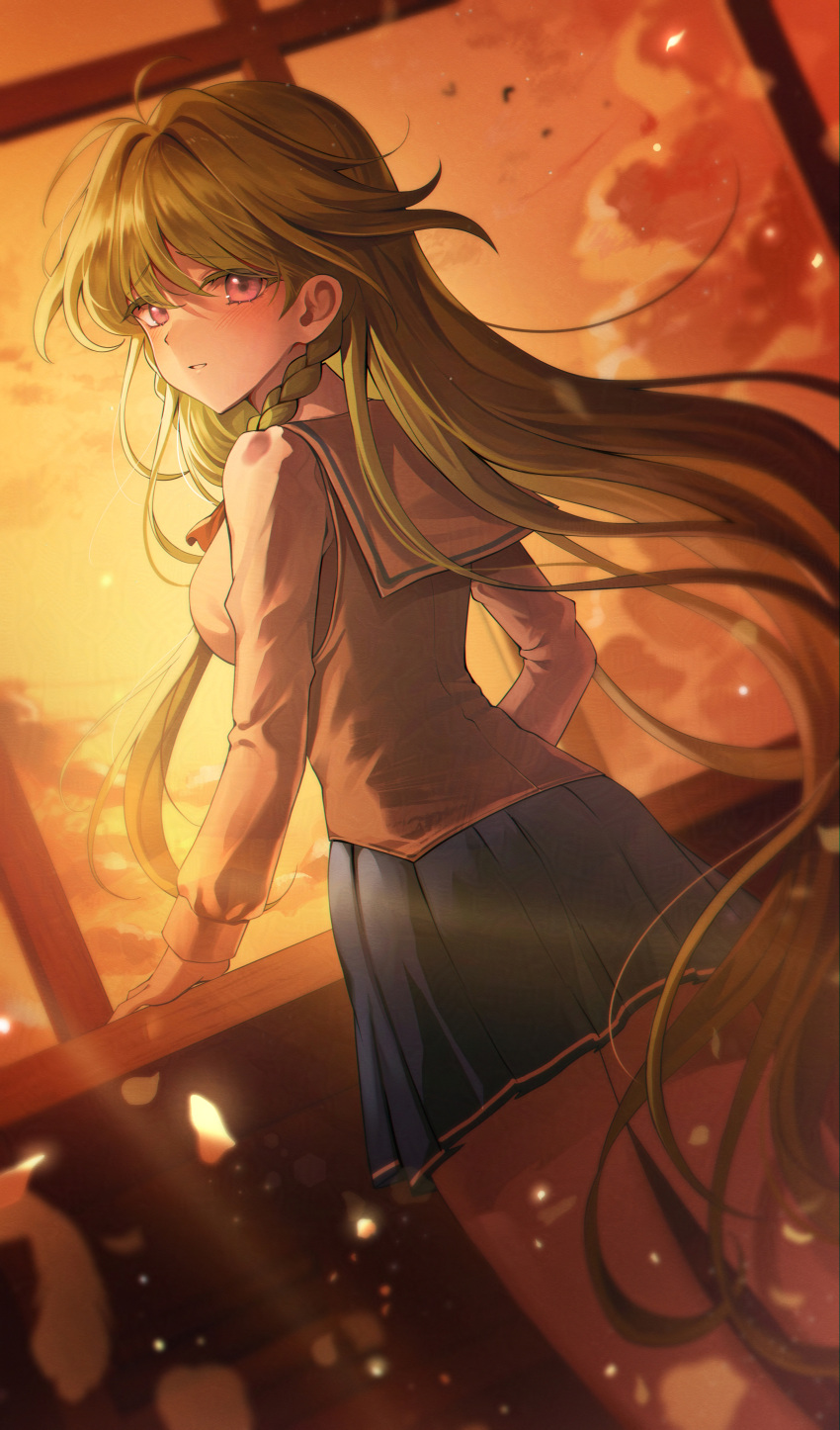 1girl, absurdres, antenna_hair, ascot, blue_skirt, braid, breasts, brown_vest