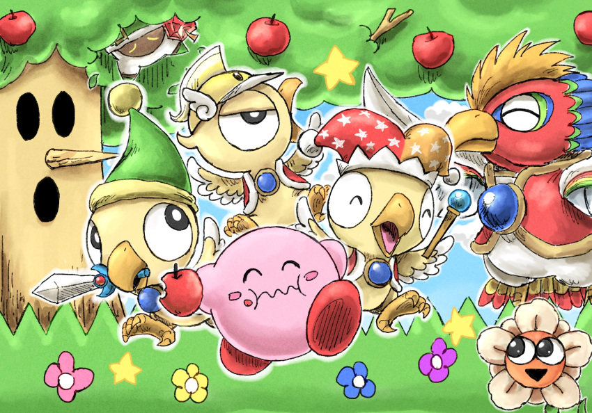 apple, beam_kirby, colored_skin, cosplay, cutter_kirby, dyna_blade, dyna_chick, food