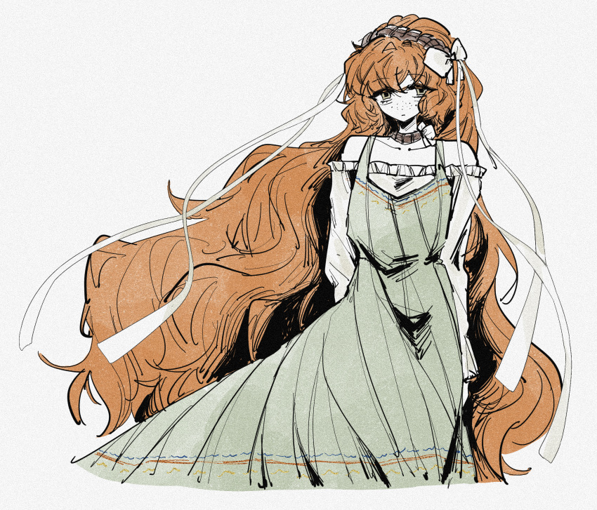 1girl, aegyo_sal, alternate_costume, choker, dress, freckles, frilled_shirt, frills, green_dress, hair_ribbon, hairband, highres, ibelieveinmyguardian, ishmael_(project_moon), limbus_company, long_dress, long_hair, off-shoulder_shirt, off_shoulder, orange_hair, pinstripe_dress, pinstripe_pattern, project_moon, ribbon, shirt, solo, very_long_hair, white_shirt
