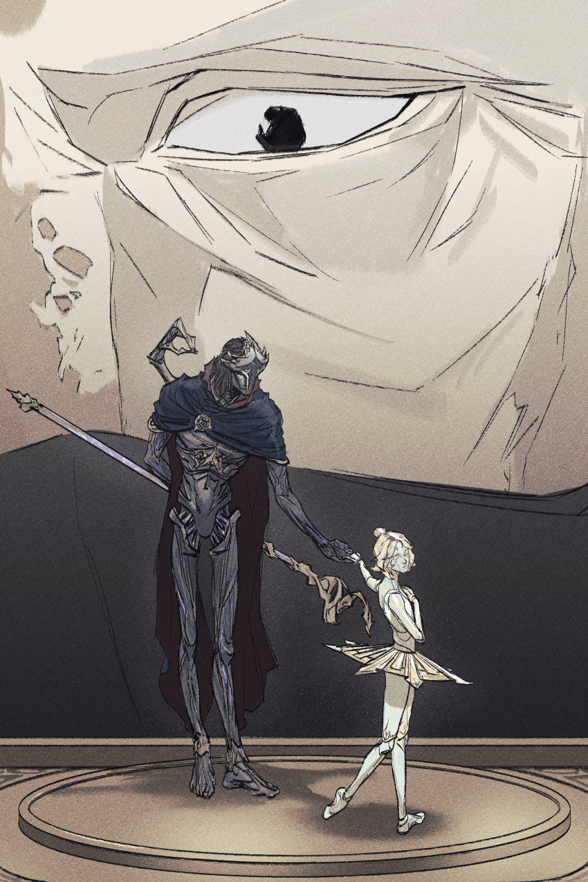 1girl, 2boys, absurdres, arcane:_league_of_legends, arcane_orianna, arcane_singed, arcane_viktor, arm_behind_back, black_eyes, black_hair, blonde_hair, blue_cape, cane, cape, closed_eyes, colored_skin, dancing, extra_arms, father_and_daughter, grey_skin, hair_bun, highres, holding, holding_cane, holding_hands, hollowshaped, league_of_legends, mask, multiple_boys, orianna_(league_of_legends), robot_girl, short_hair, singed, viktor_(league_of_legends)