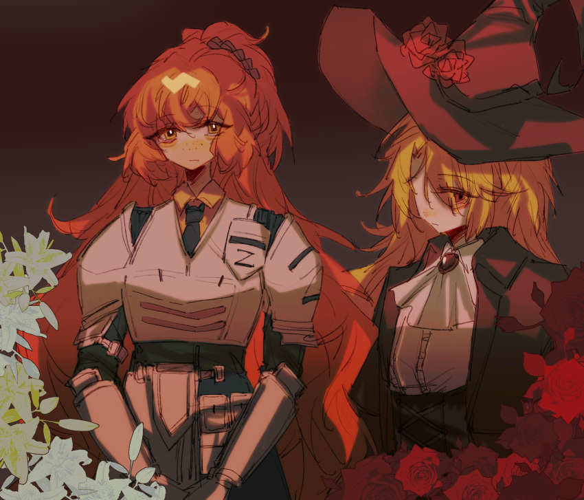 2girls, aegyo_sal, armor, ascot, black_coat, blonde_hair, coat, collared_shirt, don_quixote_(project_moon), freckles, green_eyes, half_updo, hat, highres, ibelieveinmyguardian, in_flowers, ishmael_(project_moon), lapels, limbus_company, multiple_girls, necktie, orange_hair, project_moon, shirt, upper_body, white_ascot, witch, witch_hat, yearning-mircalla_(e.g.o), zwei_association_(identity)_(project_moon)