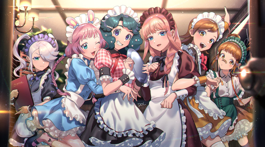 6+girls, apron, black_dress, blue_dress, blue_eyes, brown_eyes, brown_hair, checkered_clothes