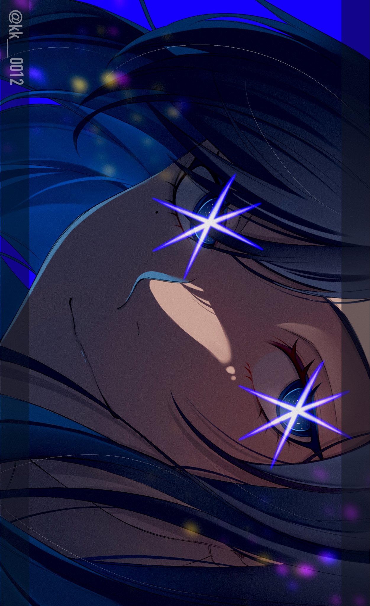 1girl, ado_(utaite), blue_eyes, blue_hair, chando_(ado), closed_mouth, commentary, hair_between_eyes, highres, idol_(yoasobi), keeko_(kk_0012), long_hair, looking_at_viewer, mole, mole_under_eye, sideways, solo, twitter_username, utaite