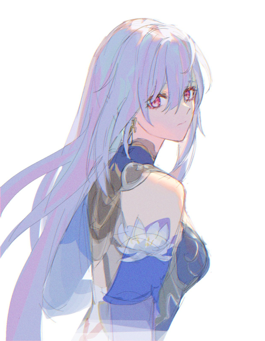 1girl, bare_back, bare_shoulders, blue_dress, blue_hair, blue_sleeves, breasts, chinese_clothes