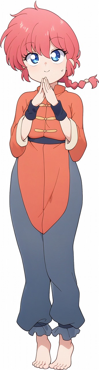 1girl, barefoot, blue_eyes, blue_pants, braid, braided_ponytail, chinese_clothes, commentary_request
