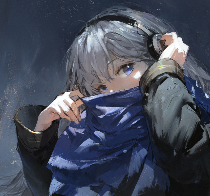 1girl, bkornblume, black_jacket, blue_eyes, blue_scarf, commentary, covered_mouth, dino_(dinoartforame)
