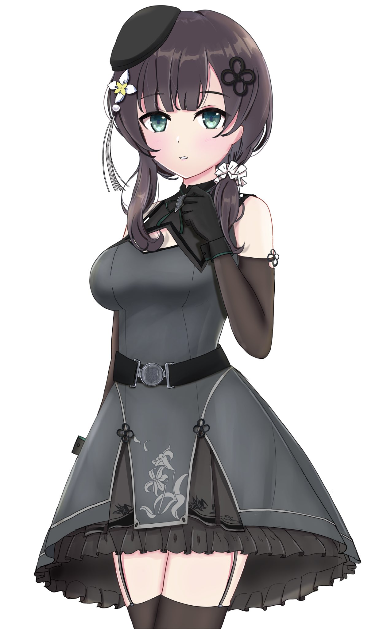 1girl, aqua_eyes, arm_at_side, assault_lily, bare_shoulders, belt, beret, black_belt