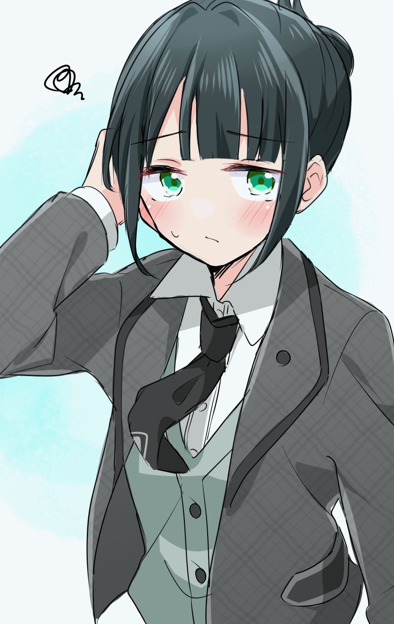 1girl, arm_up, averting_eyes, black_hair, black_necktie, blazer, blue_background, blunt_bangs